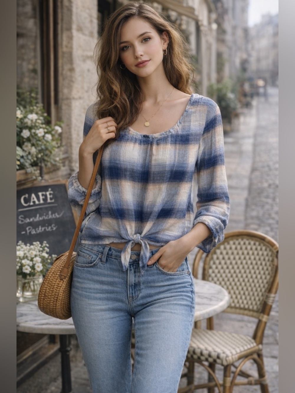 Cloth & Stone Anthropologie Plaid Tie Front Blouse S Blue Boho USA Peasant Top B